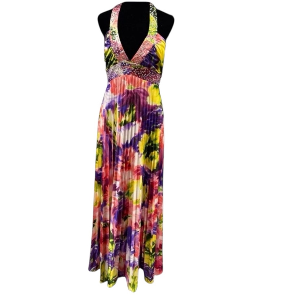 Vintage Beaded Halter Dress Y2K Watercolor Maxi Formal Fairy Sparkle Pink Prom - Picture 4 of 15